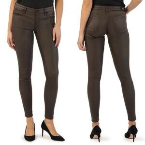 Kut from the Kloth Mia Toothpick Skinny Pants Coated Brown Snakeskin NWT Size 0